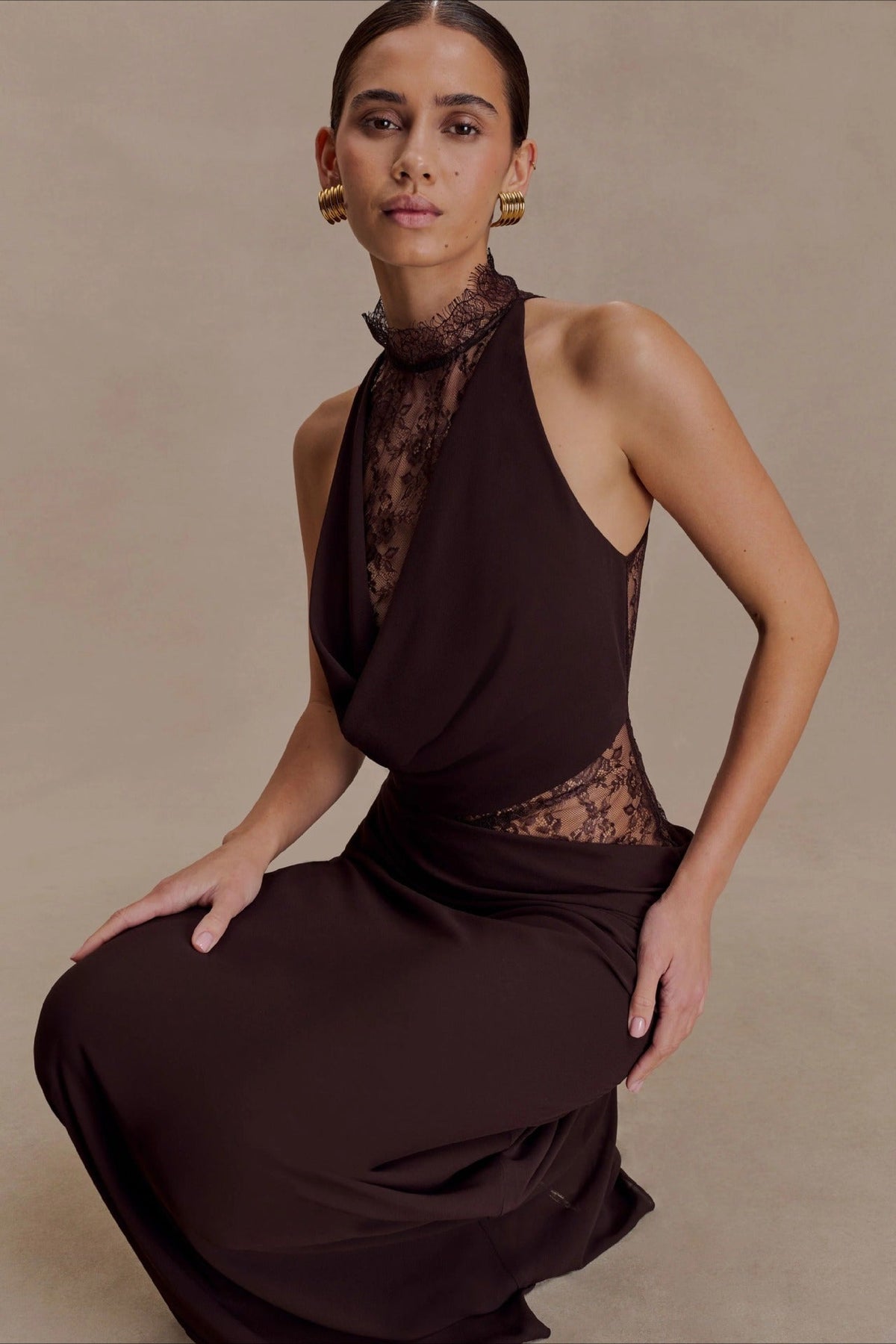 Halter Neck Lace Cut Out Backless Bias Cut Maxi Dress - View 3