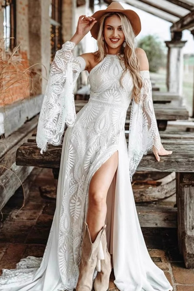 Lace Halter Neck Cold Shoulder Bell Sleeve High Split Maxi Gown