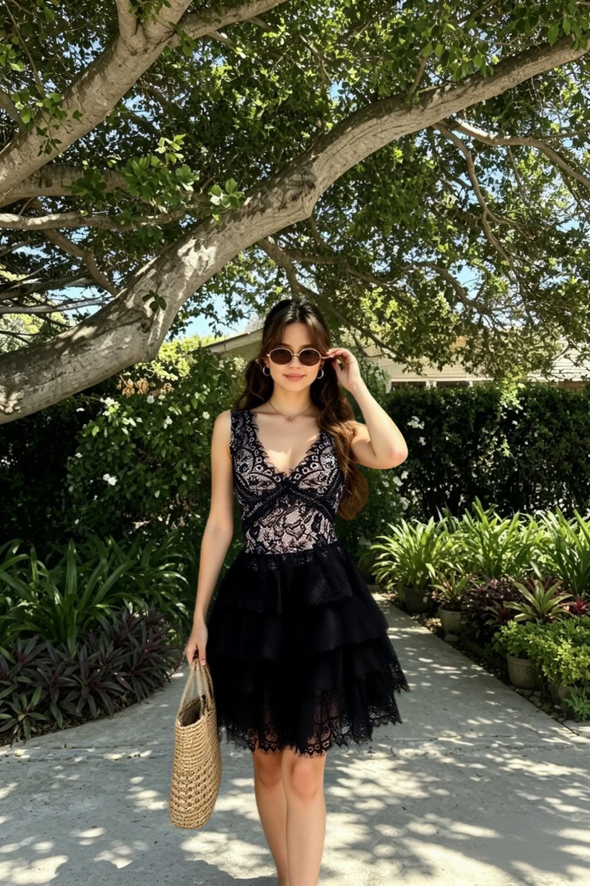 Lace V-Neck Bow Tulle Fit and Flare Mini Party Dress - View 4