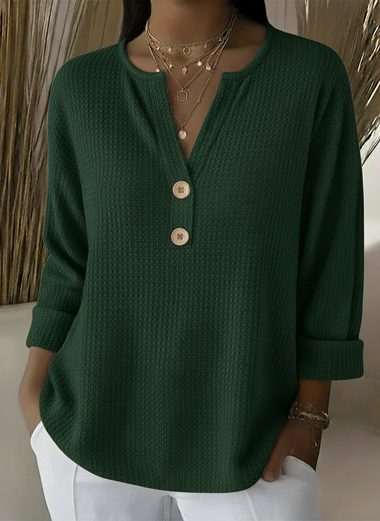 Waffle Knit Split Neck Button Henley Long Sleeve Top 5