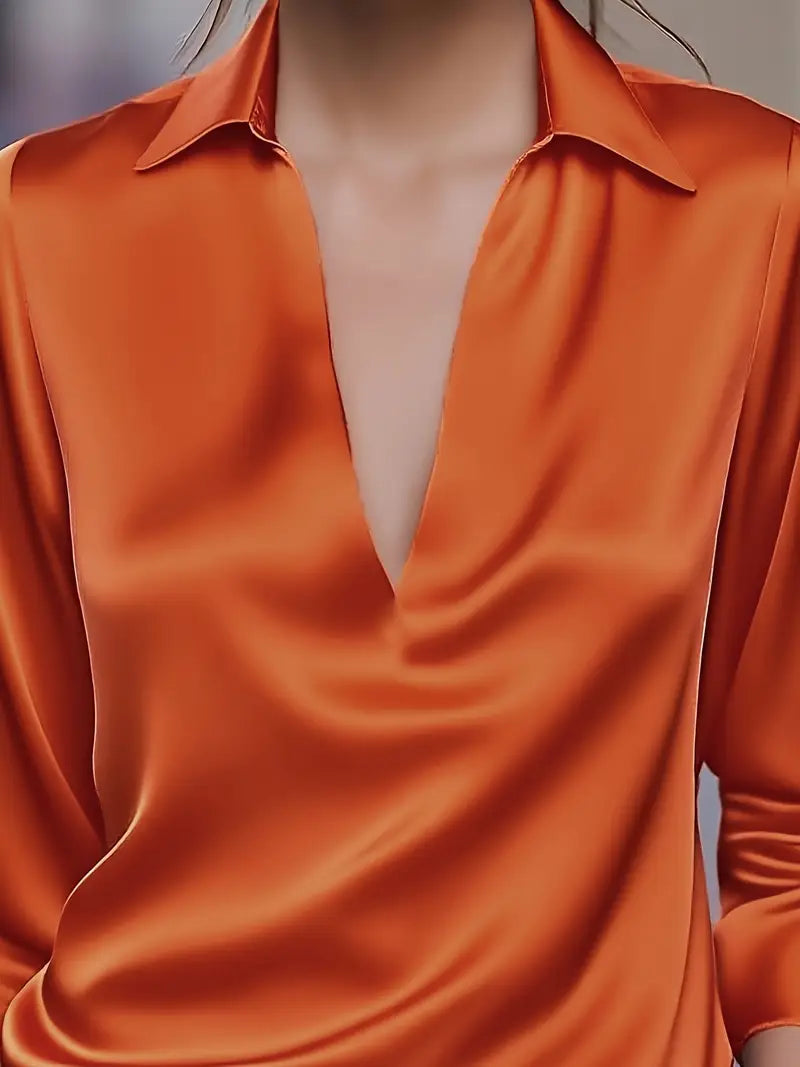 Collared Deep V-Neck Long Sleeve Satin Blouse 25