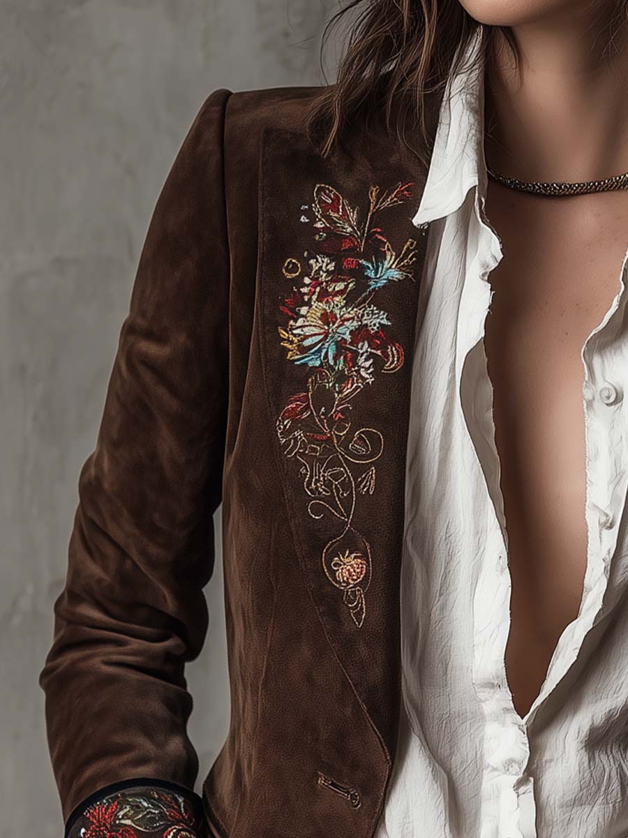 Floral Embroidered Ruffle Cuff Suede Blazer 3