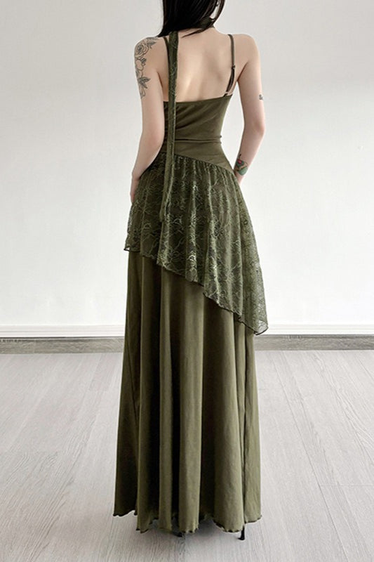 Lace Trim Sheer Waist Tie Cami Maxi Lace Dress in Green - View 4