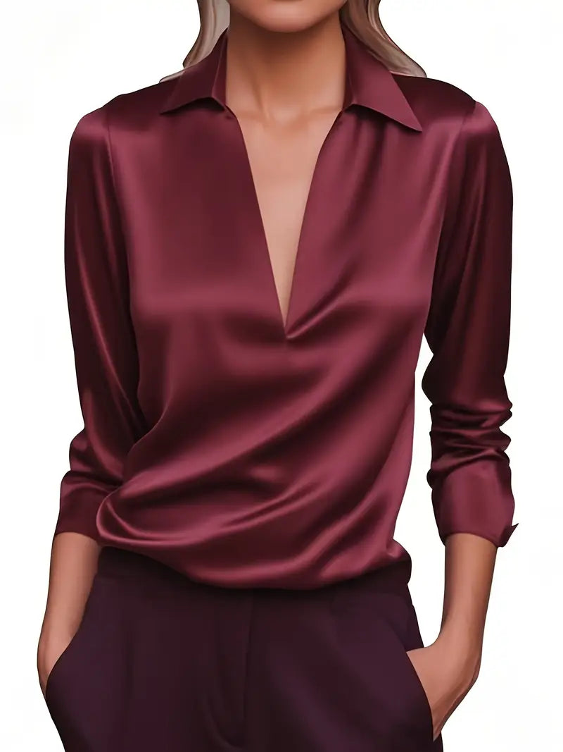 Collared Deep V-Neck Long Sleeve Satin Blouse 13