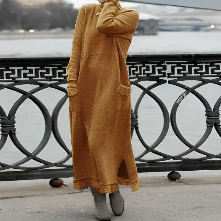 Knit Cowl Neck Long Sleeve Patch Pocket Side Slit Maxi Dress - View 7