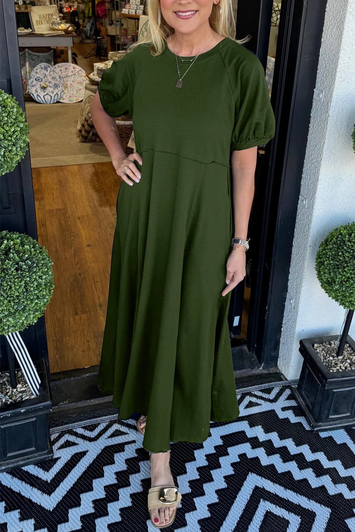 Round Neck Puff Sleeve Fit and Flare Midi Dress 7