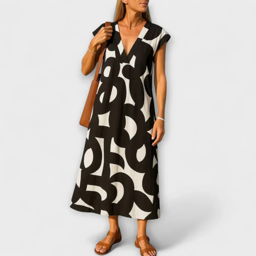 Geometric Print Deep V-Neck Cap Sleeve A-Line Midi Dress