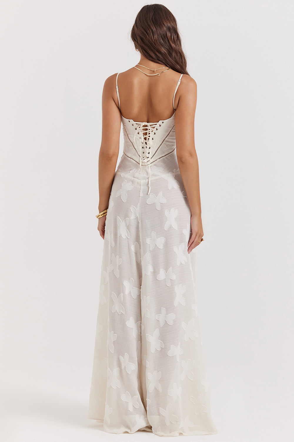 Floral Lace Spaghetti Strap Corset Bodice Sheer Mesh Maxi Gown - View 18