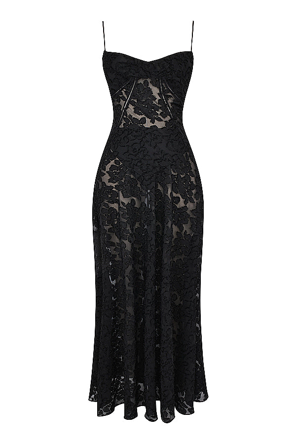 Floral Lace Spaghetti Strap Corset Bodice Sheer Mesh Maxi Gown 41