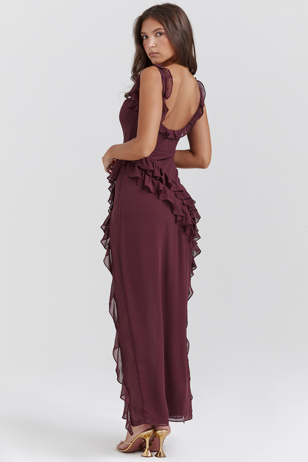 Chiffon Square Neck Ruffle Strap High Split Maxi Gown - View 12
