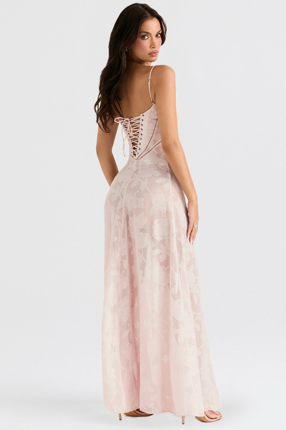 Floral Lace Spaghetti Strap Corset Bodice Sheer Mesh Maxi Gown - View 2