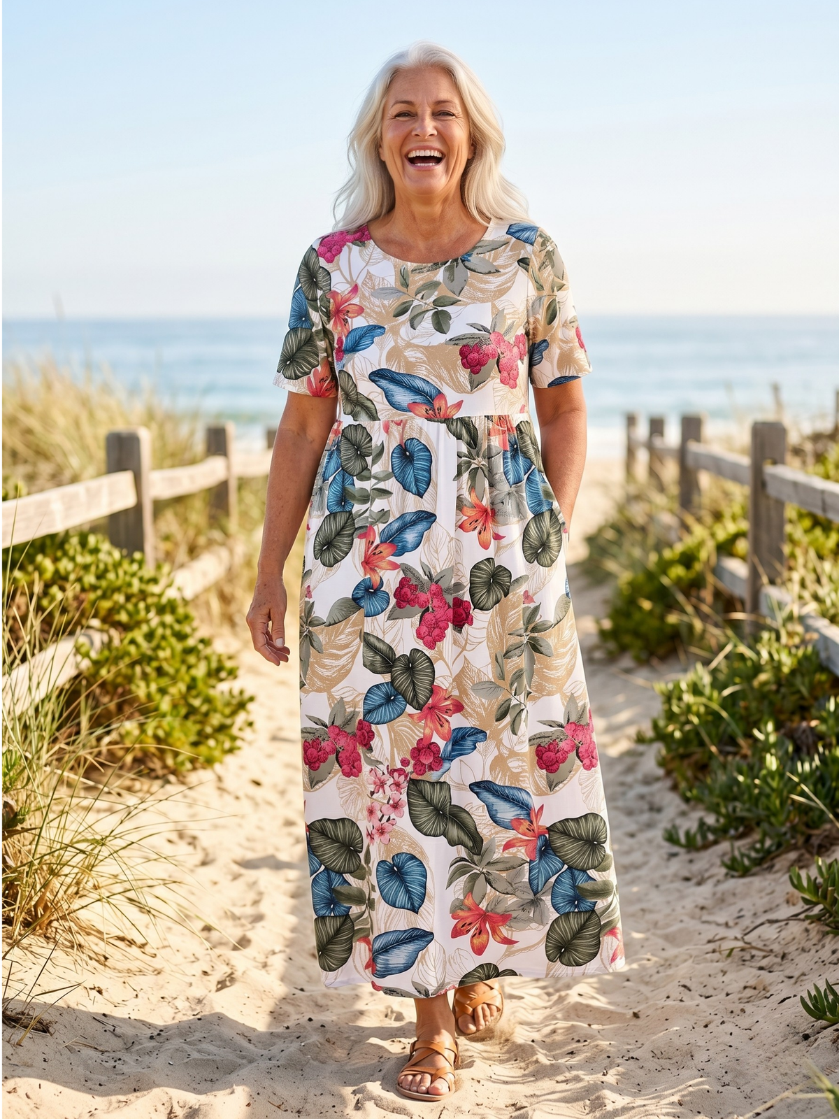 Tropical Floral Scoop Neck Short Sleeve Pocket Midi Dress 2