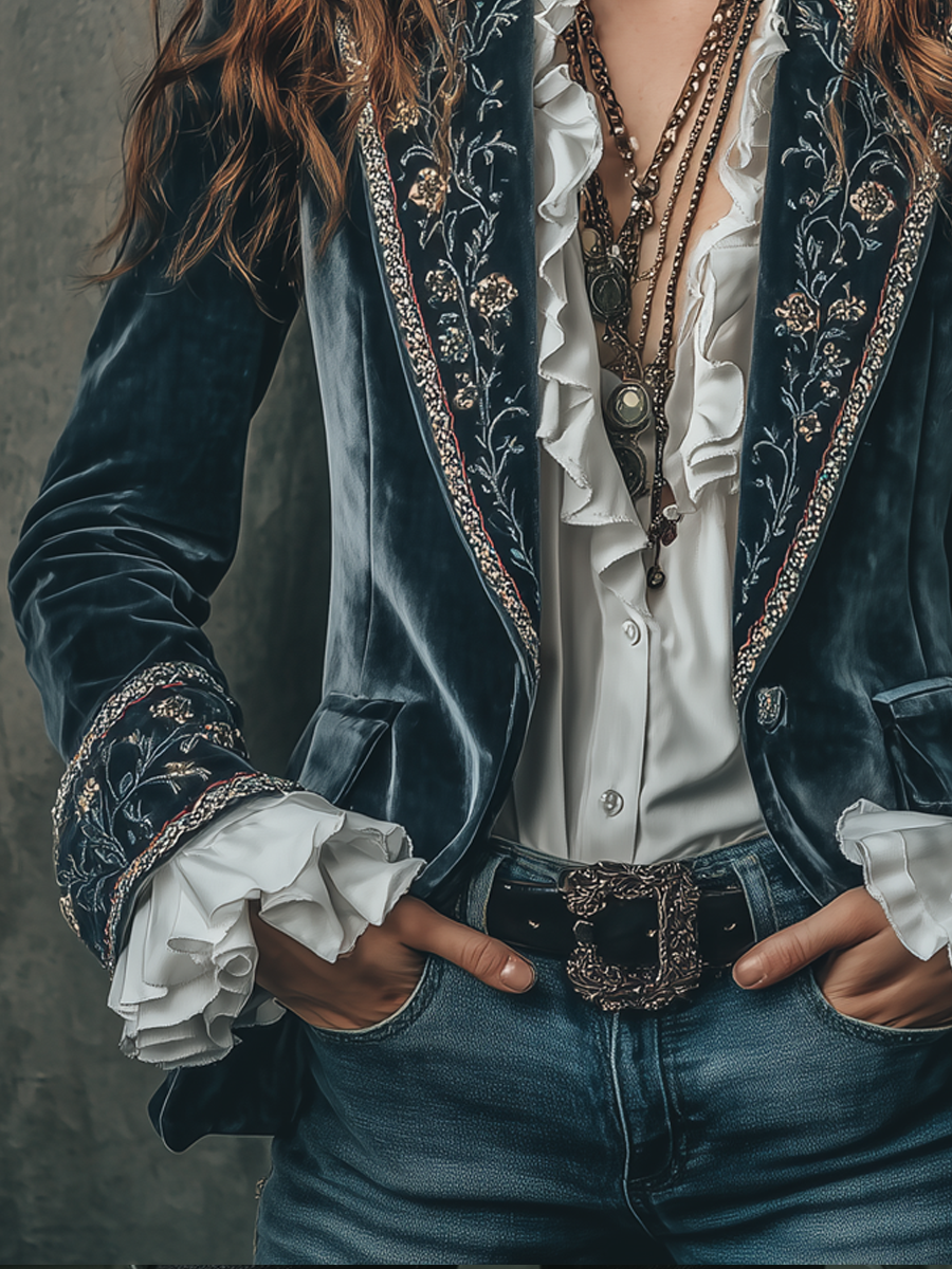 Floral Embroidered Ruffle Cuff Velvet Blazer 5