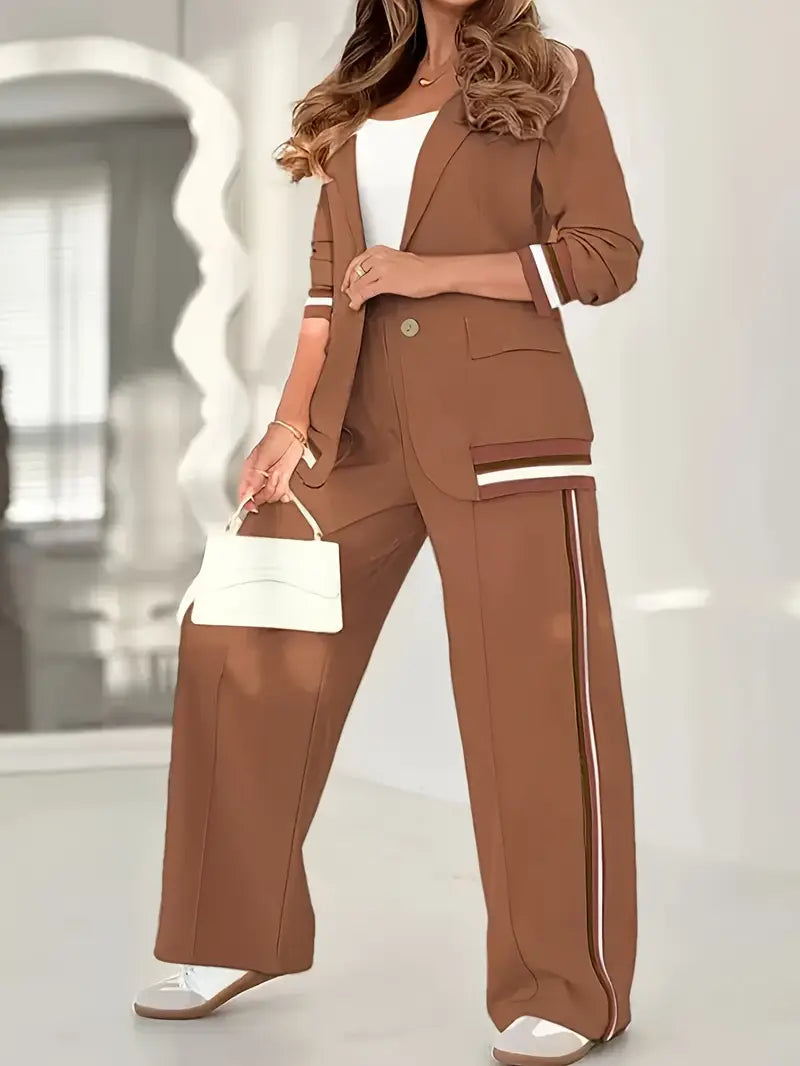 Striped Trim Blazer and Side Stripe Wide Leg Pants Two Piece Set 8