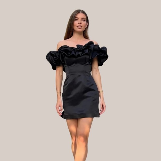 Satin Off Shoulder Ruffle Bodycon Cocktail Mini Dress - View 2