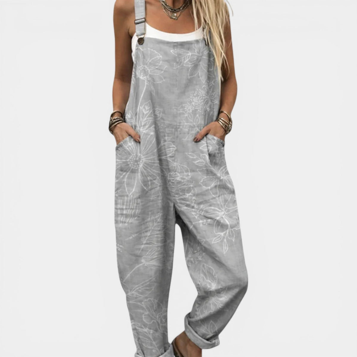 Floral Outline Print Sleeveless Pocket Overall Jumpsuit