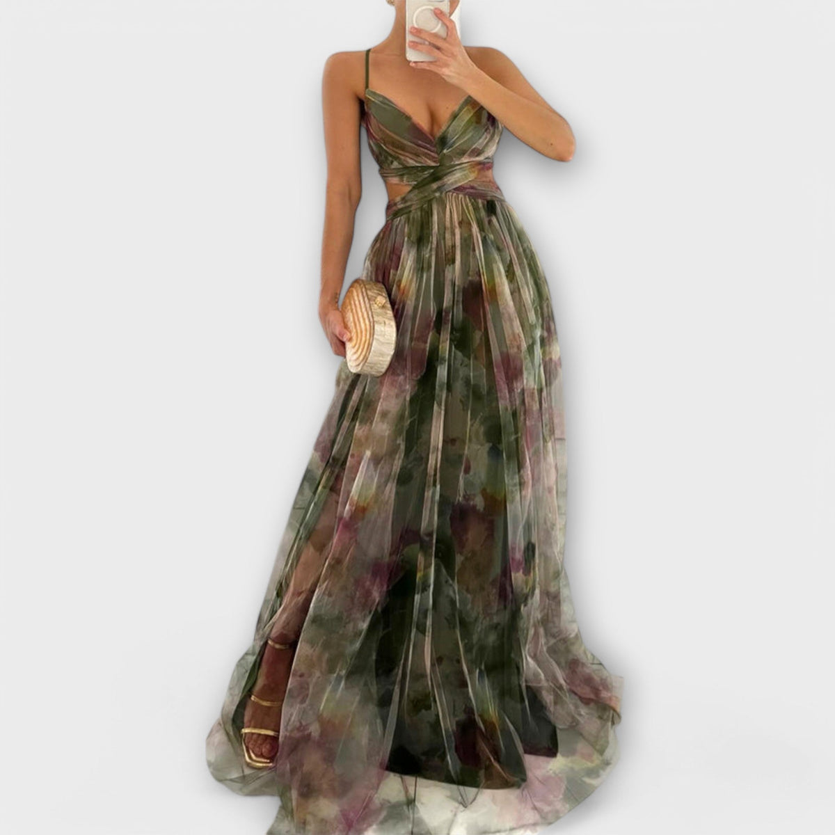 Strapless Sweetheart Floral Print High Split Tulle Maxi Gown 2