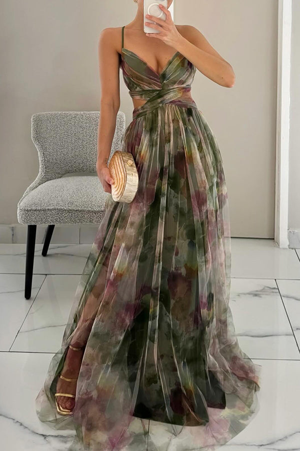 Floral Print Tulle V-Neck Spaghetti Strap High Split Maxi Gown 8