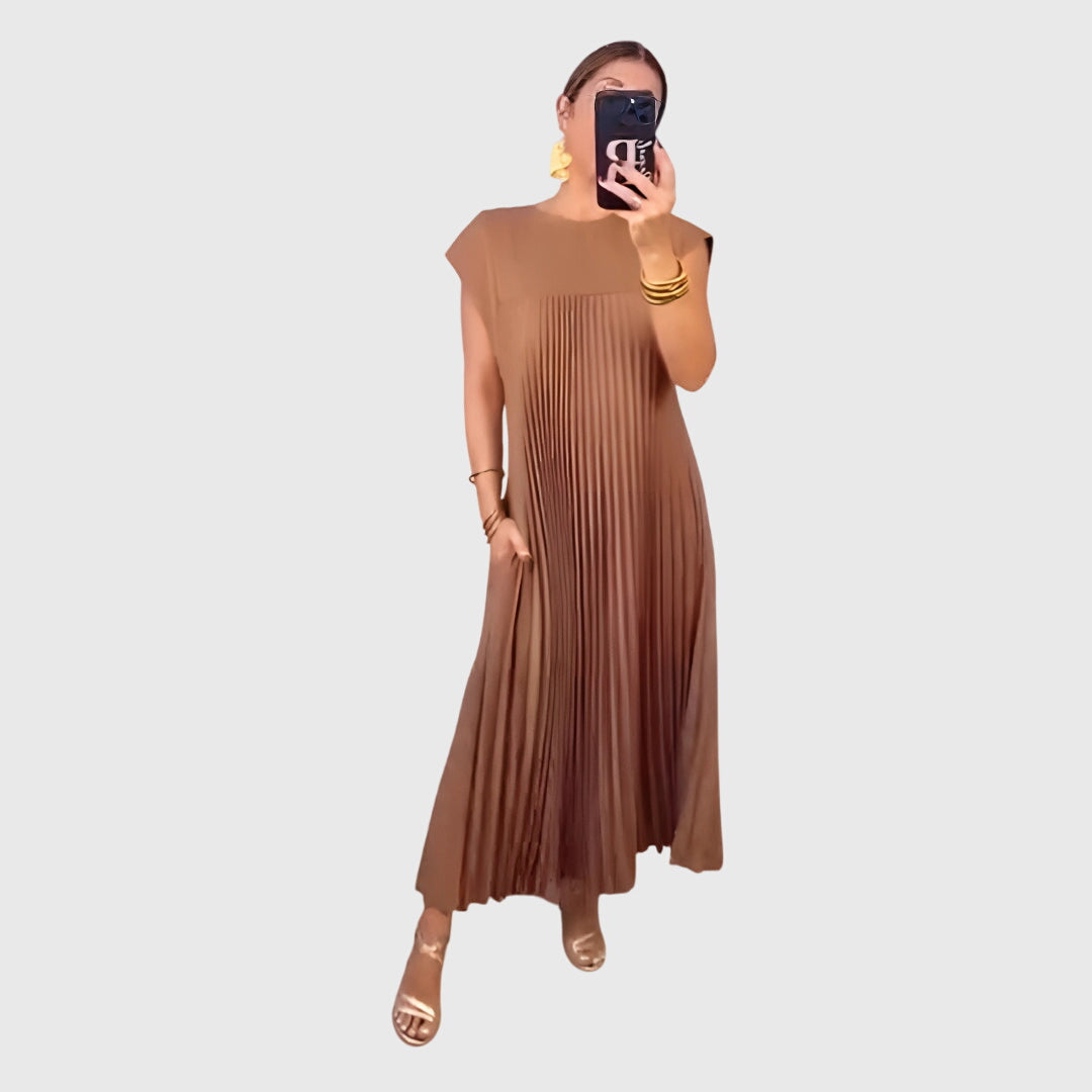 Boat Neck Cap Sleeve Pleated A-Line Maxi Dress 4