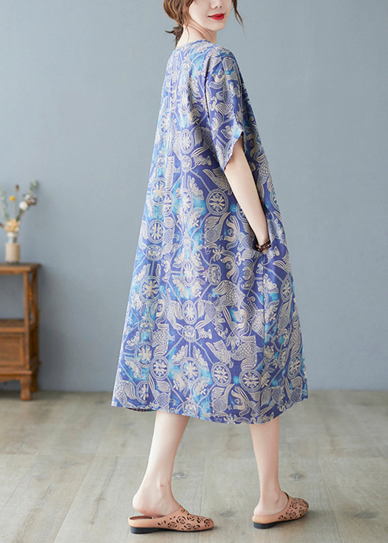Crane Print V-Neck Short Sleeve Drop Shoulder Shift Midi Dress - View 5