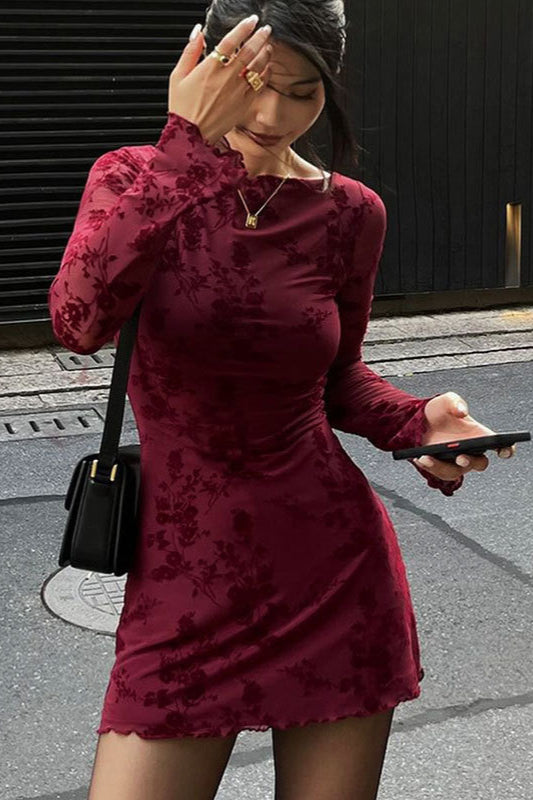 Floral Mesh Boat Neck Long Sleeve Bodycon Mini Dress - View 4