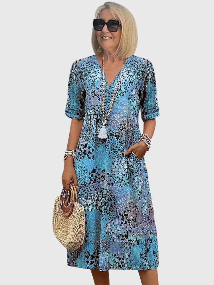 Abstract Print V-Neck Short Sleeve Midi Dress 4