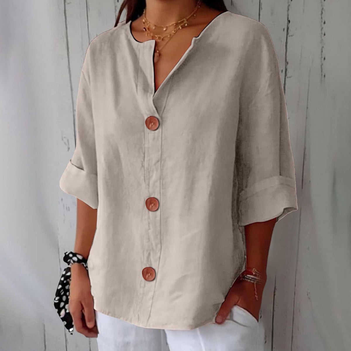 Split Neck Roll Sleeve Button Front Blouse 2