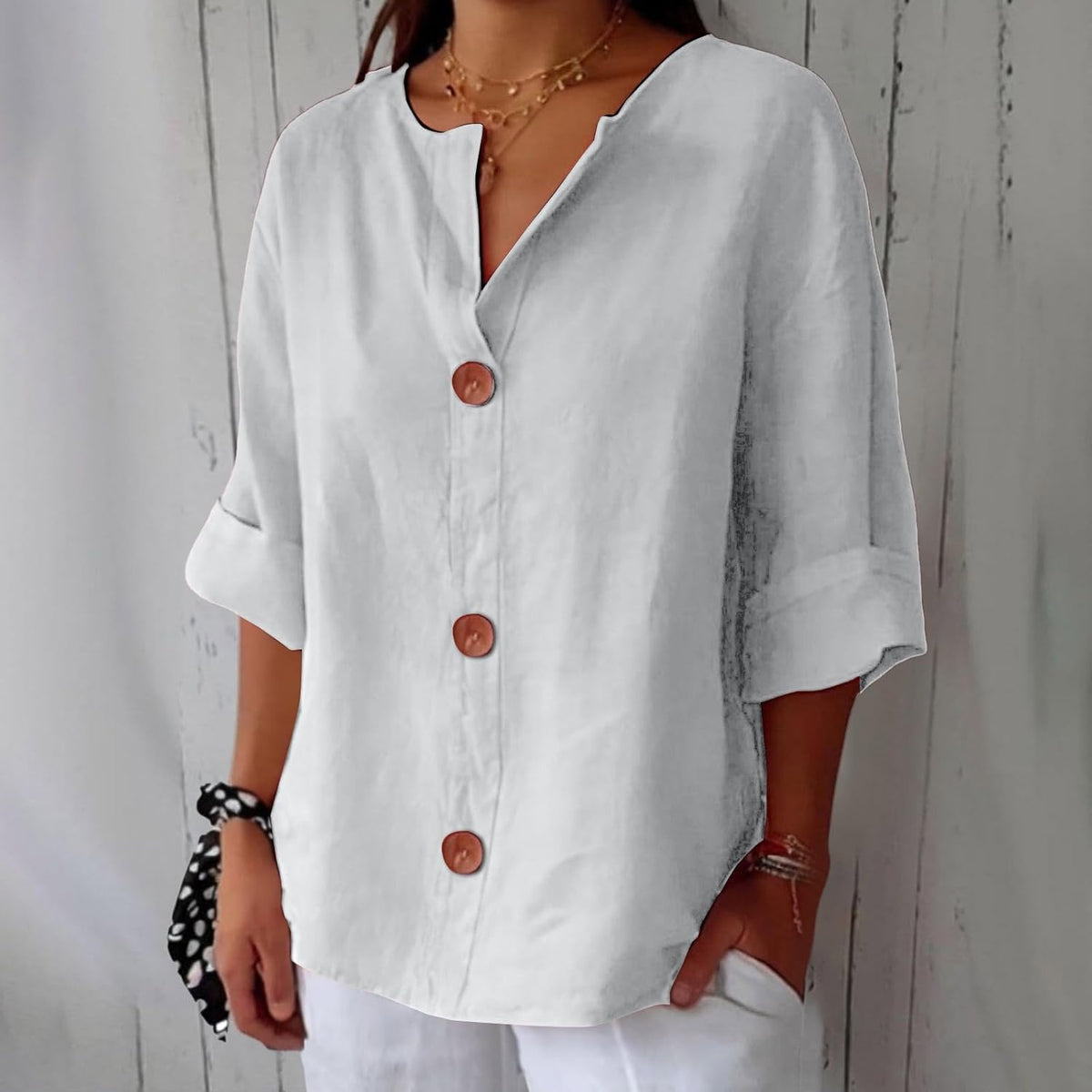 Split Neck Roll Sleeve Button Front Blouse 10