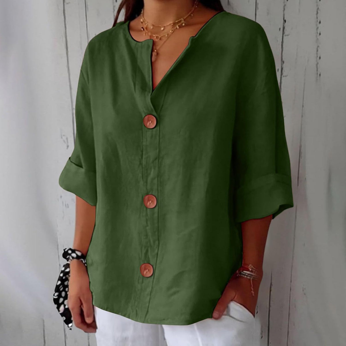 Split Neck Roll Sleeve Button Front Blouse 13