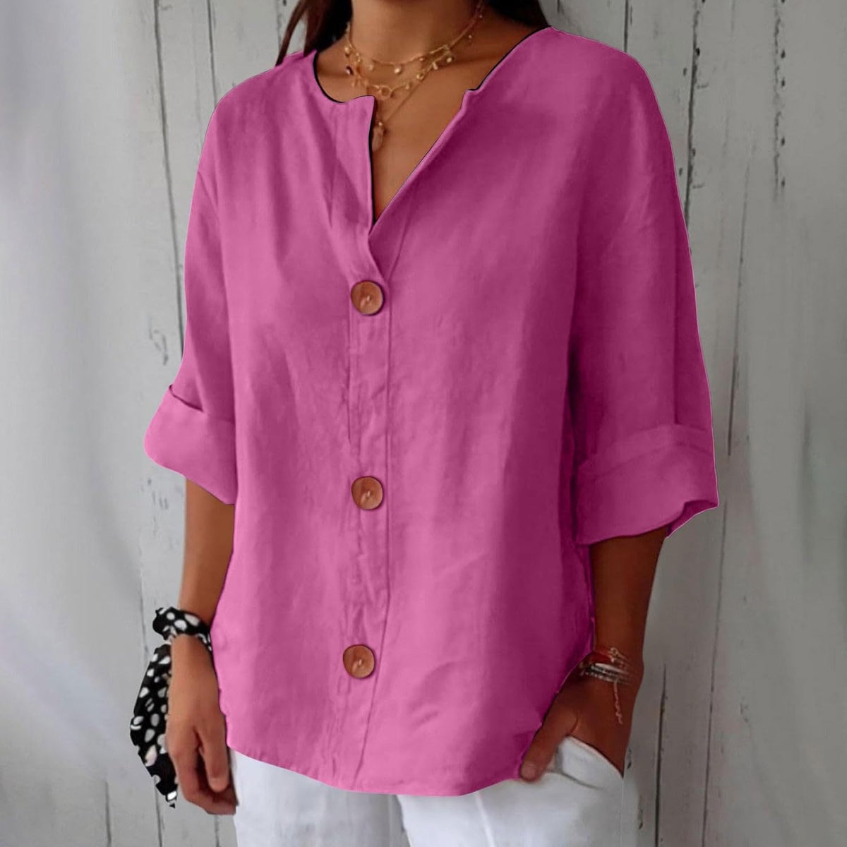 Split Neck Roll Sleeve Button Front Blouse 9