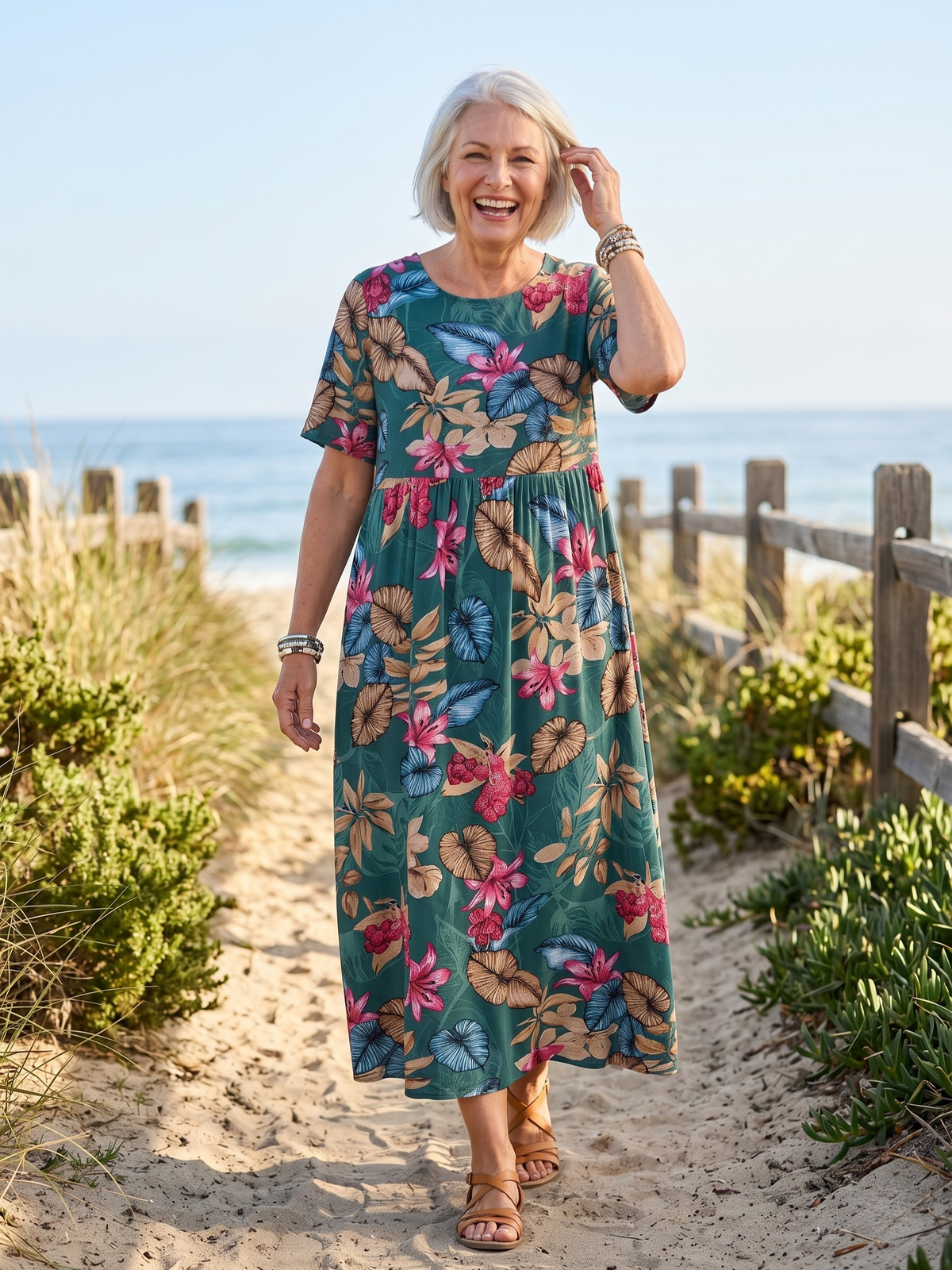 Tropical Floral Scoop Neck Short Sleeve Pocket Midi Dress 3