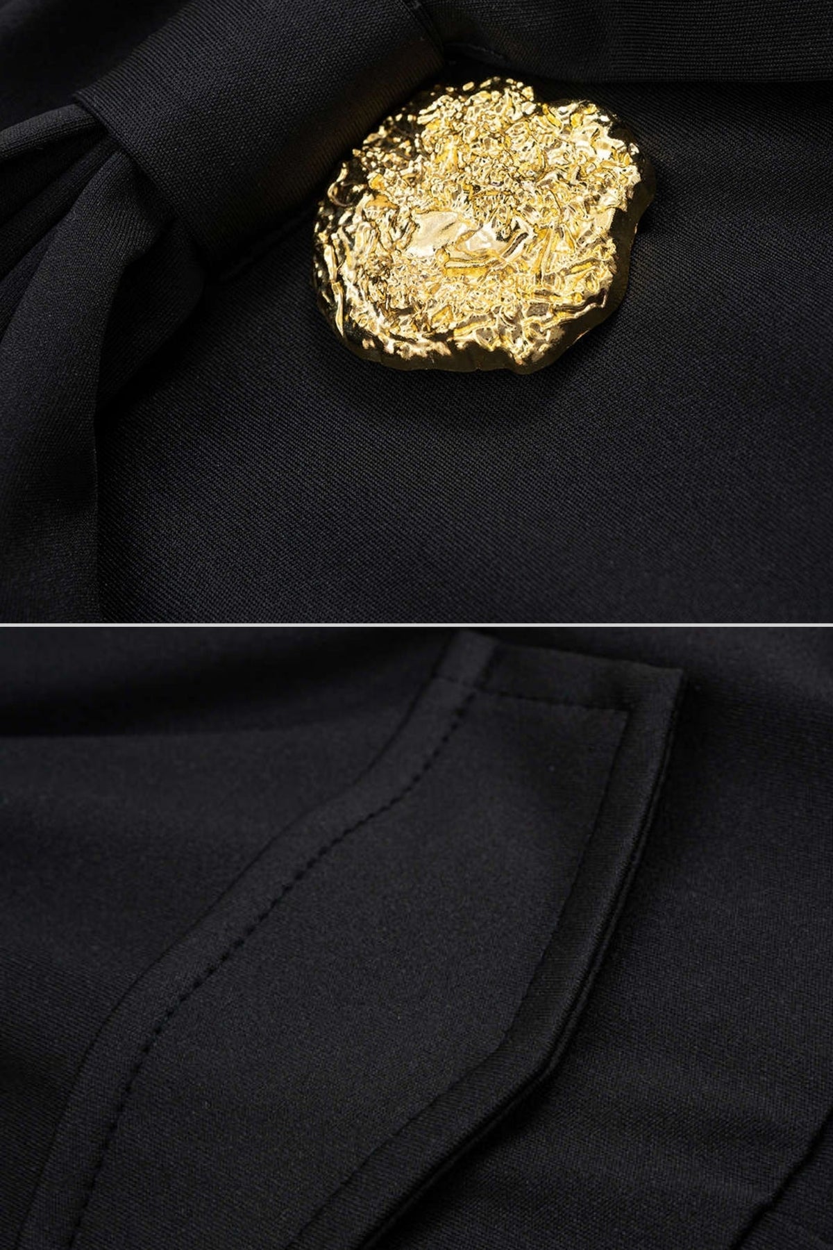 Bow Neck Metallic Button Flap Pocket Box Pleat Long Sleeve Mini Dress - View 4