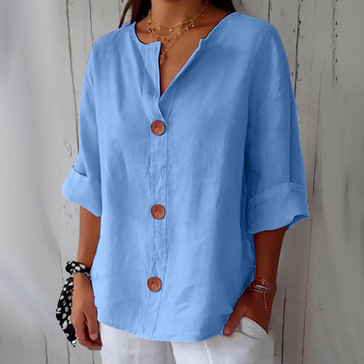 Split Neck Roll Sleeve Button Front Blouse 3