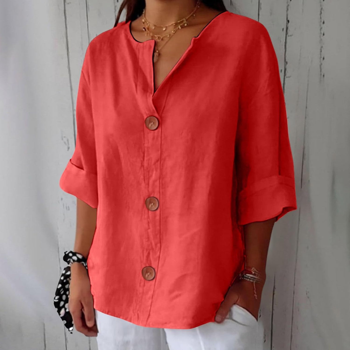 Split Neck Roll Sleeve Button Front Blouse 6