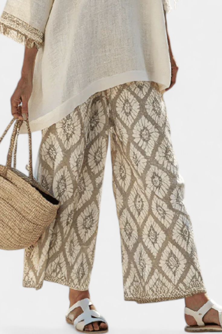Tassel Trim Round Neck Top and Geometric Print Wide Leg Pants Two Piece Set 3