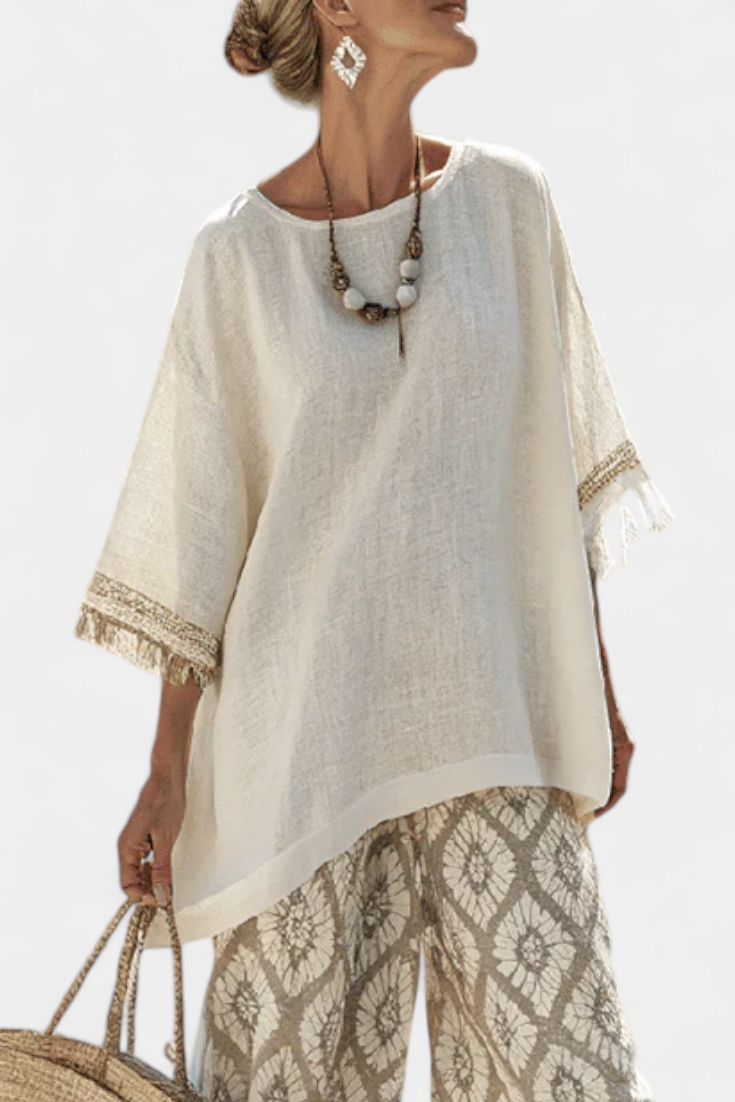 Tassel Trim Round Neck Top and Geometric Print Wide Leg Pants Two Piece Set 2