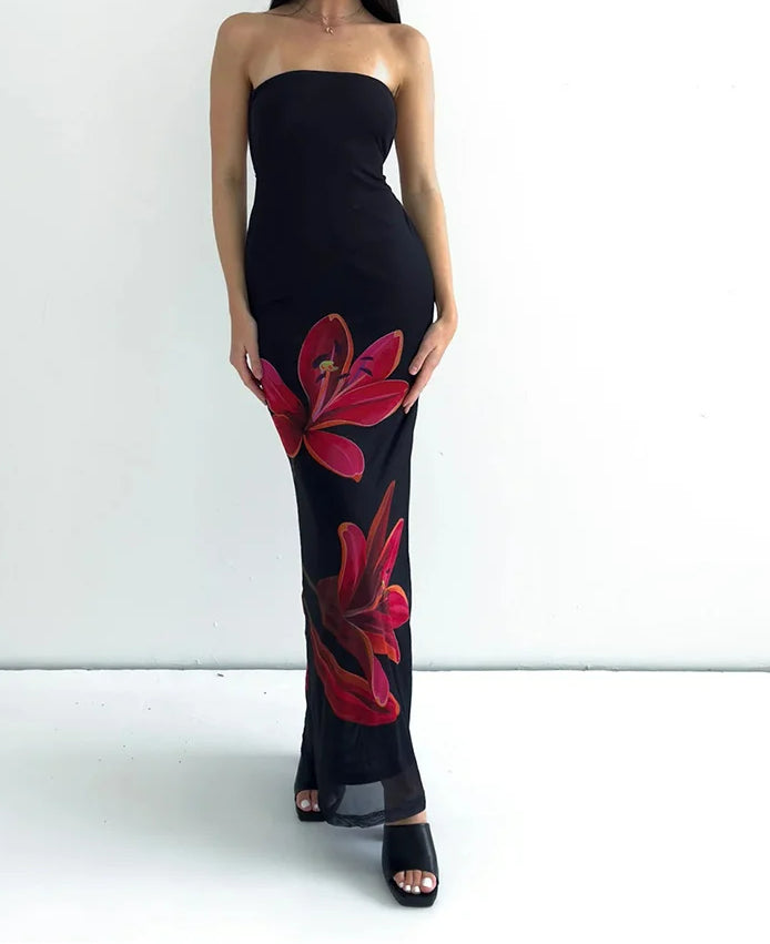 Floral Print Strapless Tube Bodycon Maxi Dress - View 2