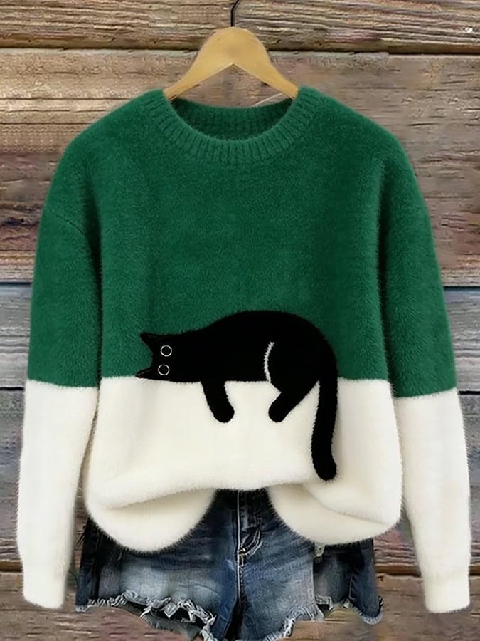 Cat Print Colorblock Crew Neck Fuzzy Sweater 4