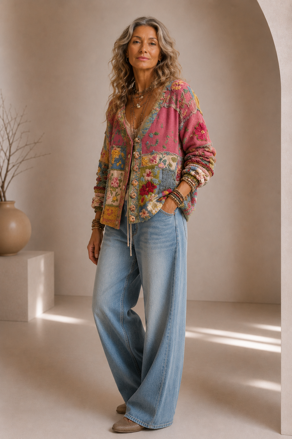 Floral Patchwork Boho Knit Cardigan 2