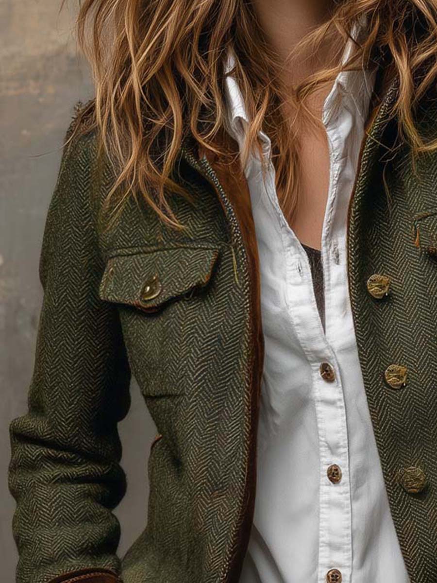 Herringbone Tweed Contrast Trim Button Front Jacket 4