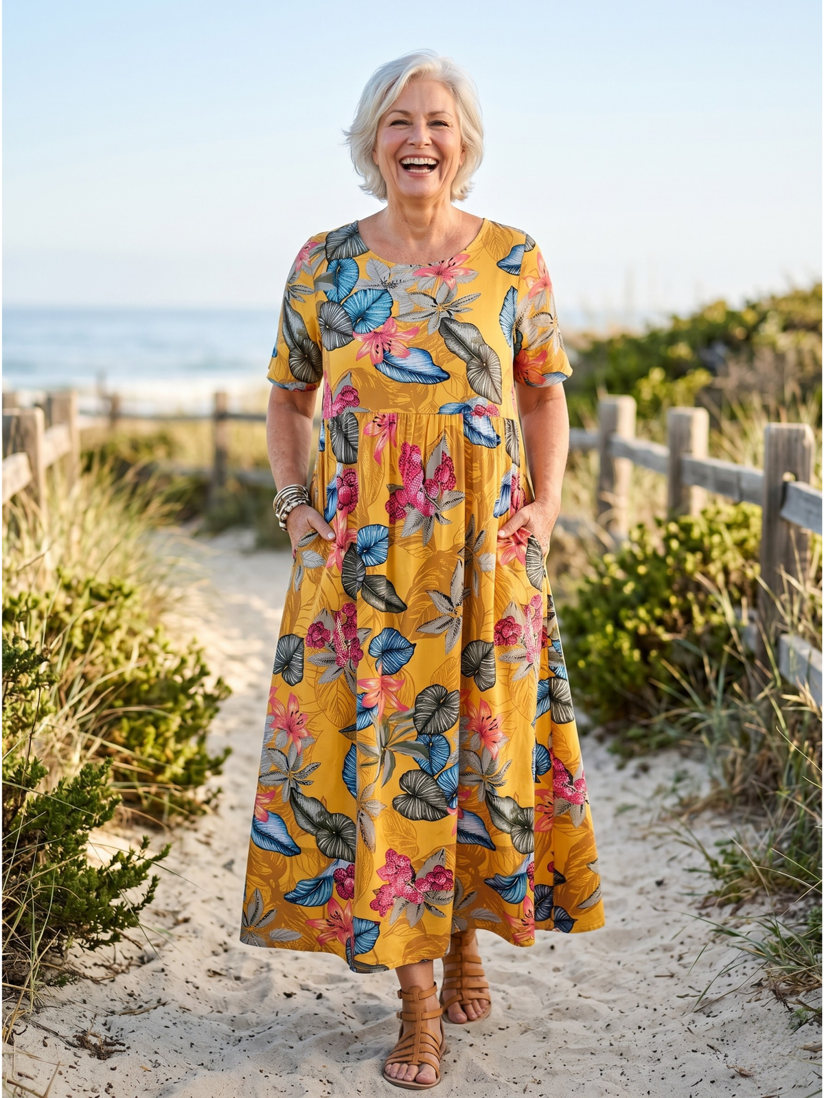 Tropical Floral Scoop Neck Short Sleeve Pocket Midi Dress 4