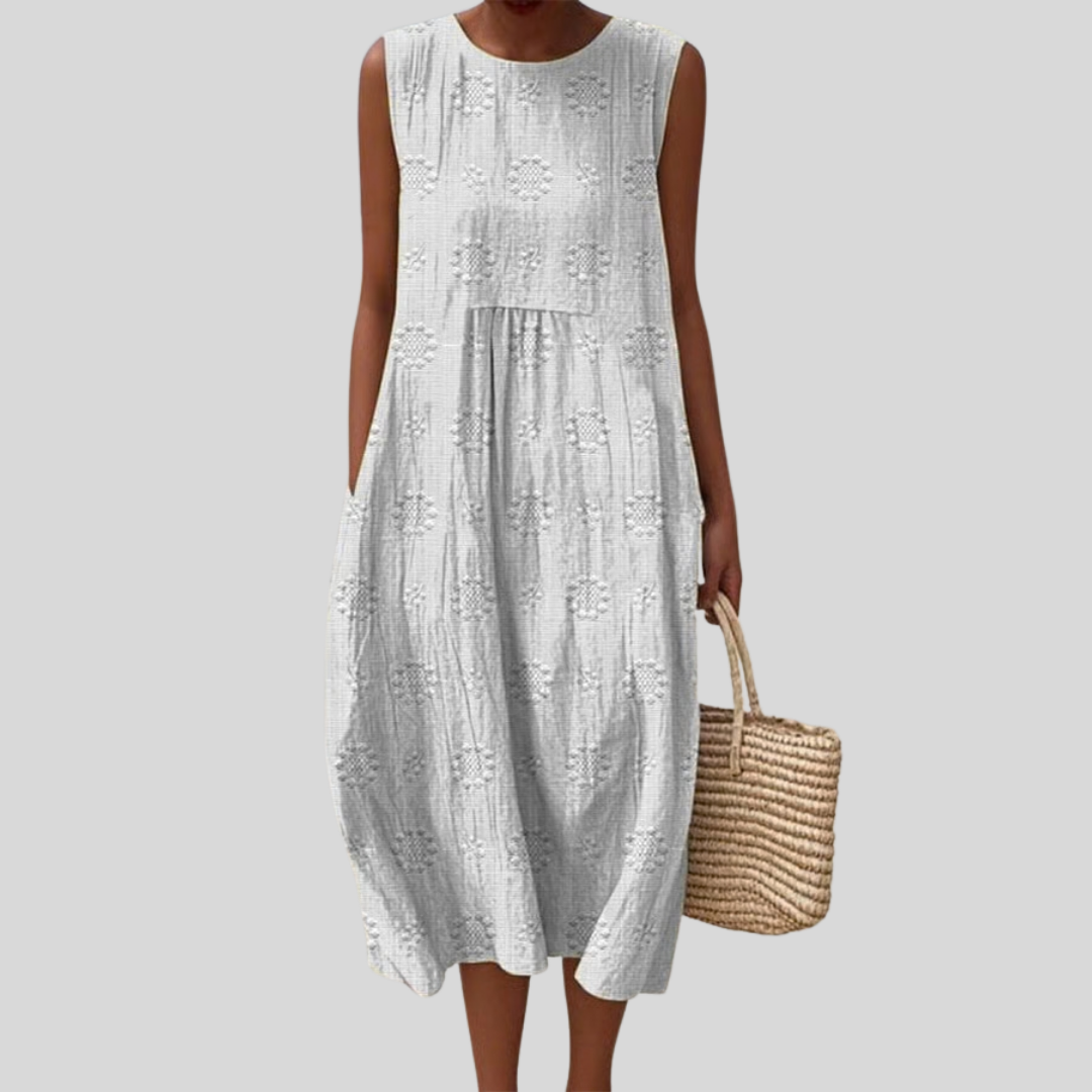 Round Neck Sleeveless Textured Pocket Midi Dress