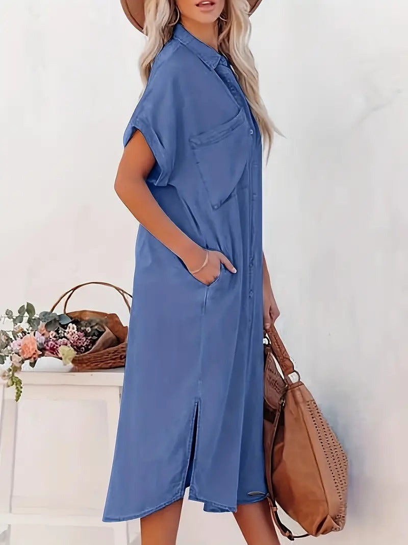 Denim Collar Button Front Short Sleeve Pocket Midi Shirt Dress - View 6