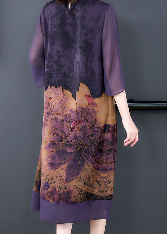 Mandarin Collar Keyhole Sheer Bell Sleeve Floral Print Midi Dress - View 4