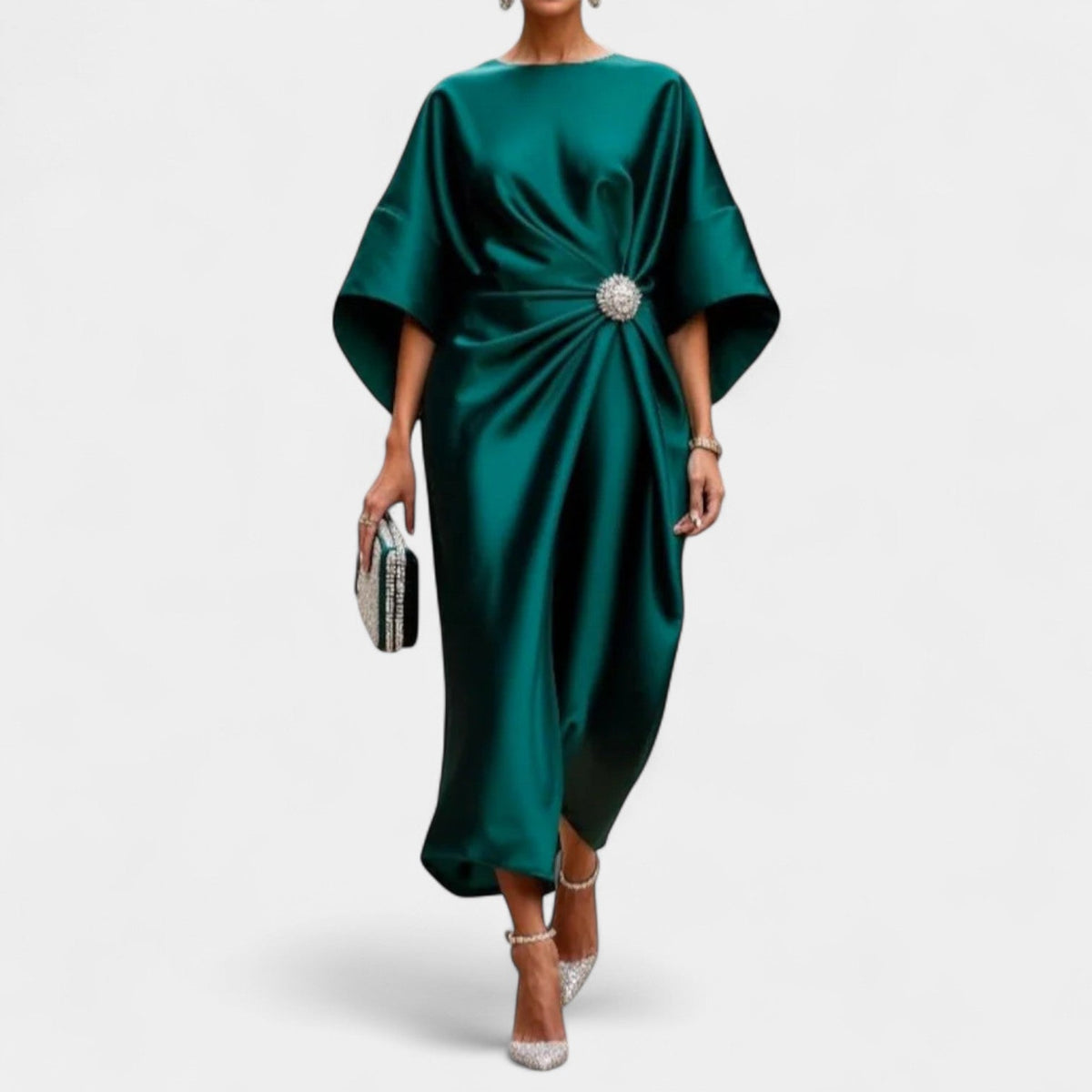 Satin Boat Neck Batwing Sleeve Brooch Ruched Midi Dress 5