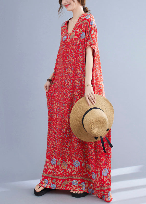 Floral Border Print V-Neck Drop Shoulder Short Sleeve Loose Maxi Dress - View 4