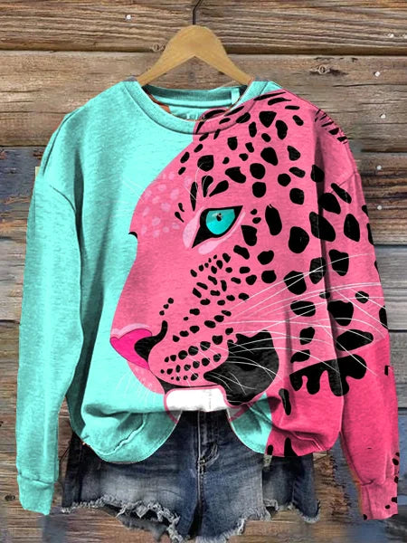 Leopard Print Crew Neck Long Sleeve Sweatshirt