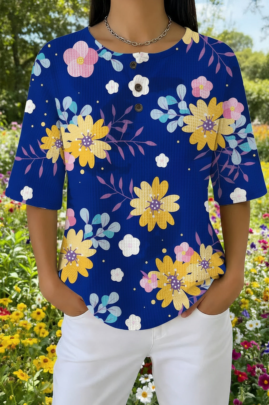 Floral Print Waffle Knit Henley Short Sleeve Top