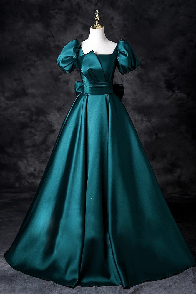 Satin Square Neck Puff Sleeve Bow A-Line Ball Gown