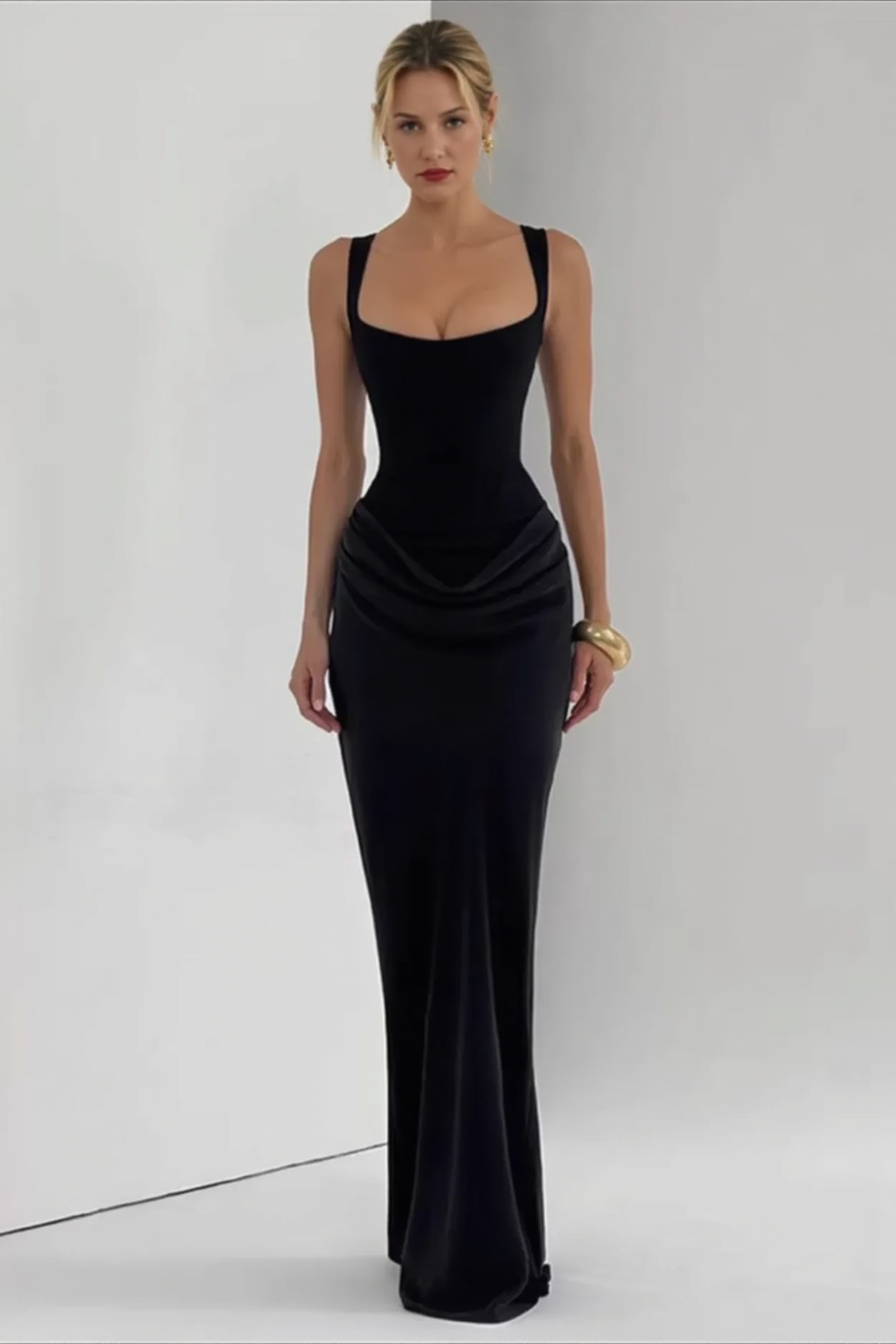 Square Neck Corset Ruched Draped Bodycon Maxi Dress - View 5